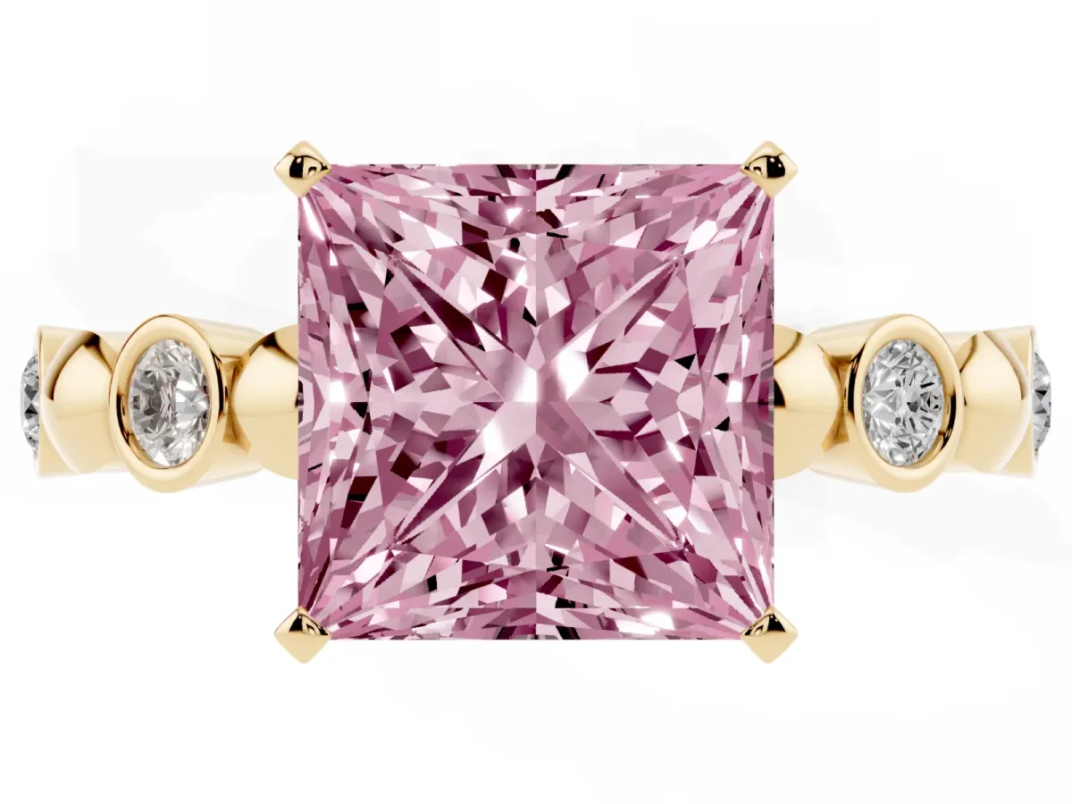 Fancy Pink Princess Cut Solitaire Bezel-Set Diamond Ring with Beaded Band and Four-Prong Setting Yellow gold