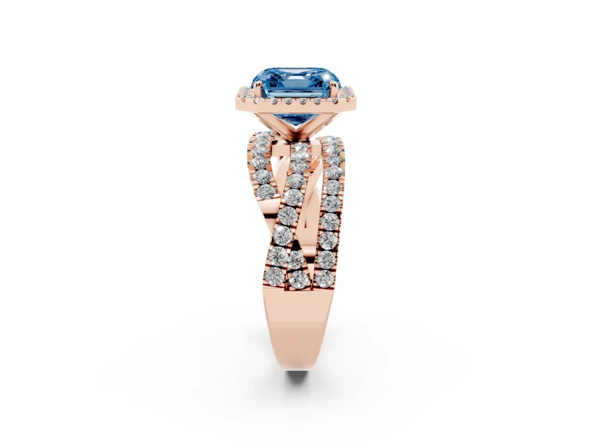 Fancy Blue Asscher Cut Diamond Halo Ring with Round Split Shank and Prong Setting Rose gold