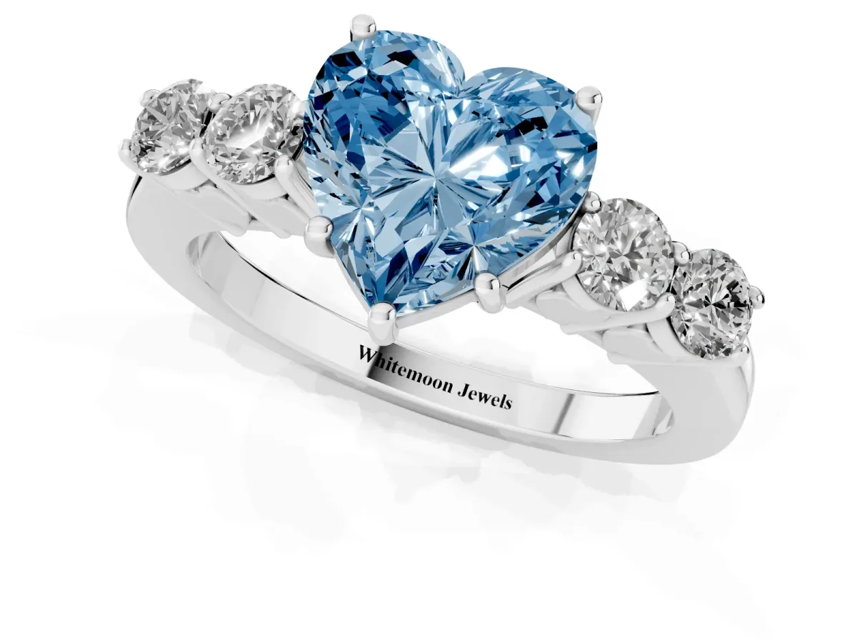 Fancy Blue Heart Cut Cut Diamond Five-Stone Prong Set White Gold Ring Platinum