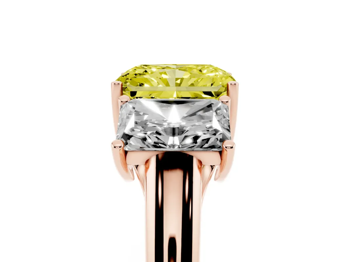 Fancy Yellow Three-Stone Radiant Cut Diamond Engagement Ring with Prong Setting Rose gold