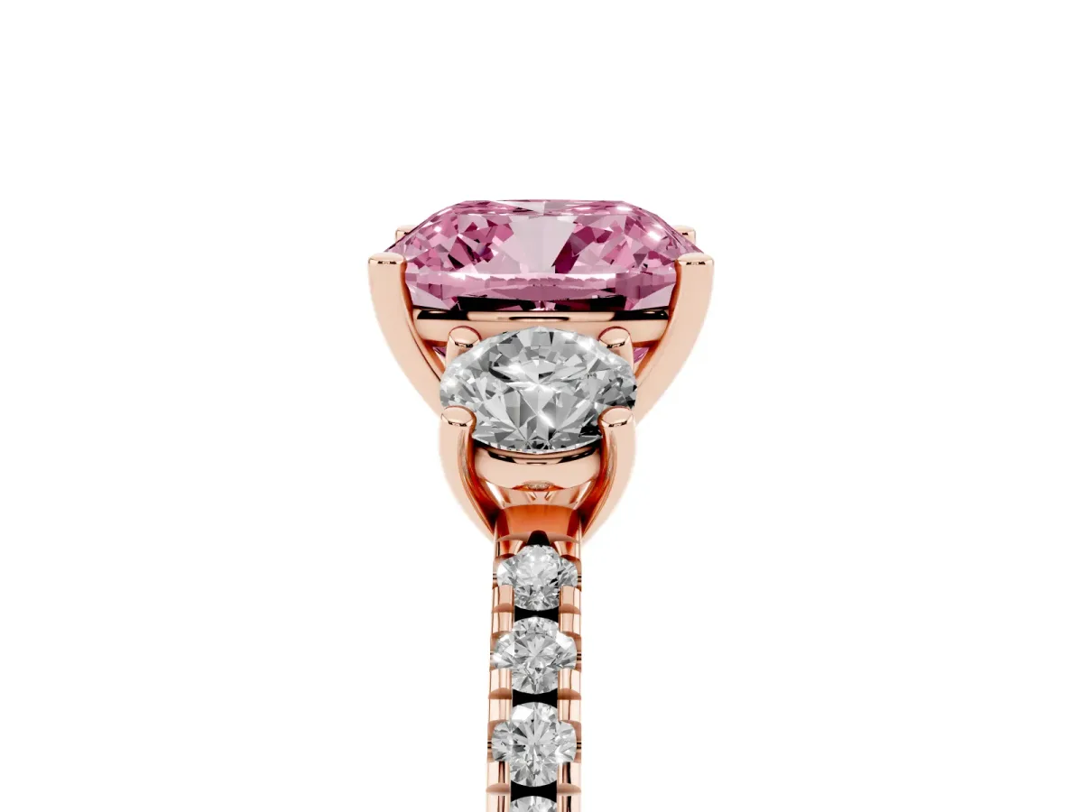 Fancy Pink Three-Stone Cushion Cut Cut Diamond Pavé Band with Prong Setting Rose gold