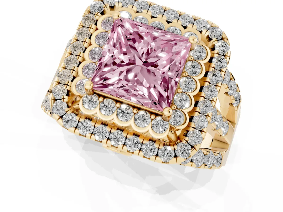 Fancy Pink Princess Cut Diamond Double Halo Ring with Round Pavé Split Shank and Prong Setting Yellow gold