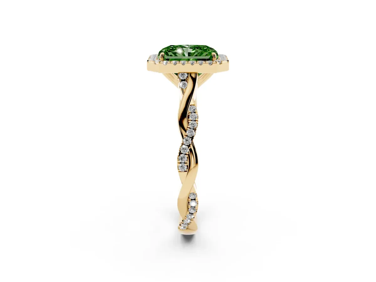Fancy Green Radiant Cut Halo Twist Band Solitaire Ring Yellow gold