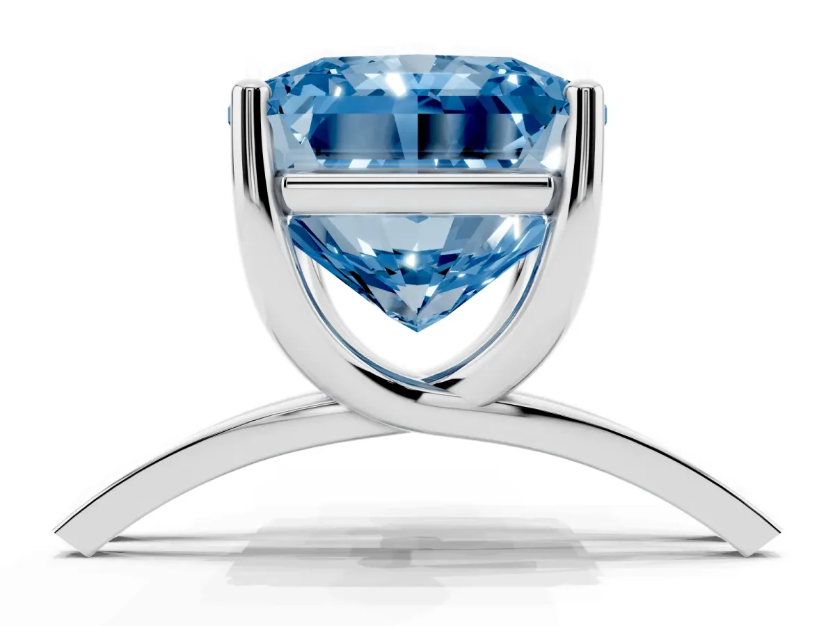 Fancy Blue Radiant Cut Cut Diamond Solitaire Engagement Ring with Tapered Plain Band and Four-Prong Setting Silver