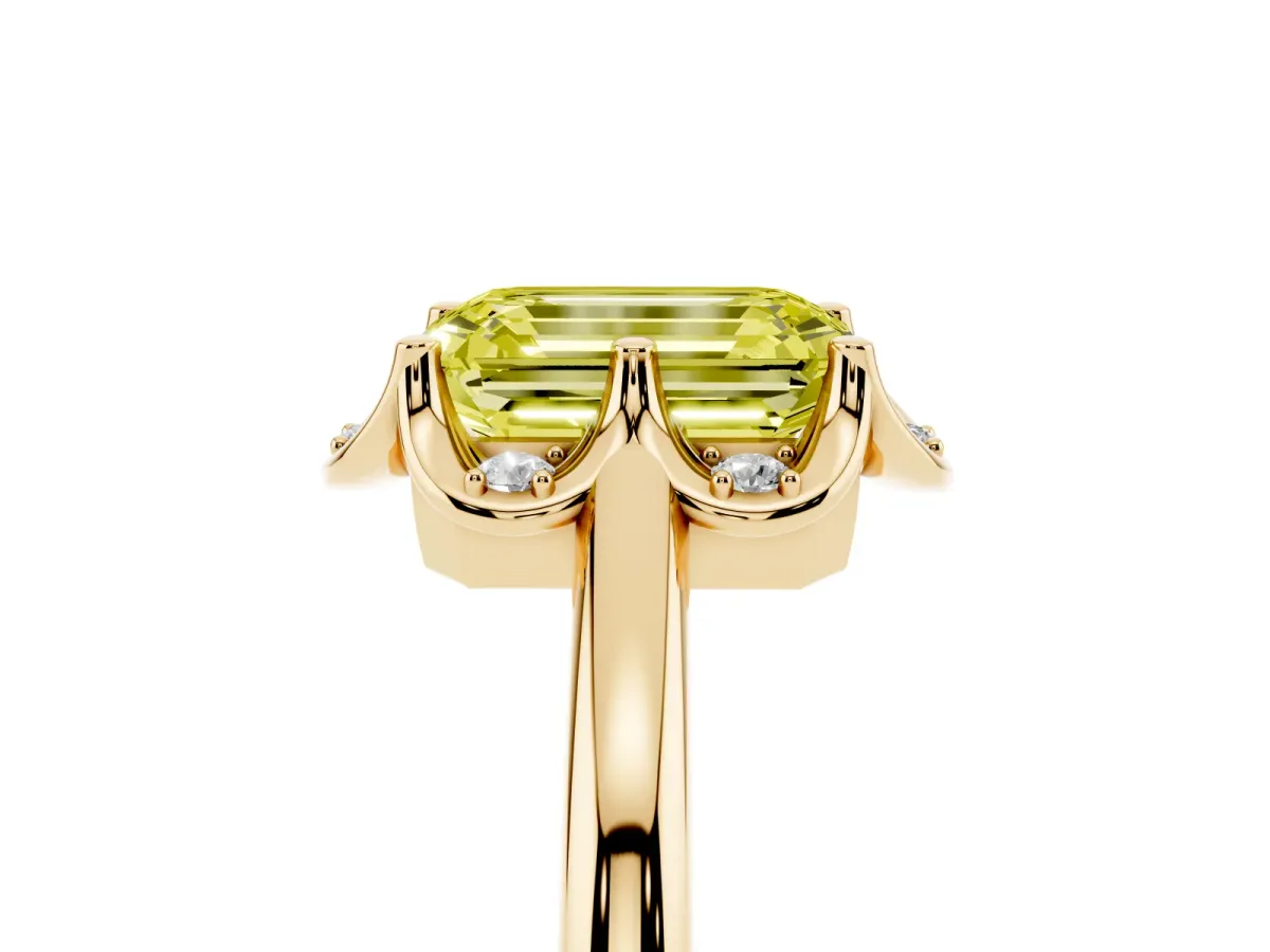 Fancy Yellow Emerald Cut Halo Diamond Ring with Round Cluster Setting, Solitaire Band, and Four-Prong Setting Yellow gold