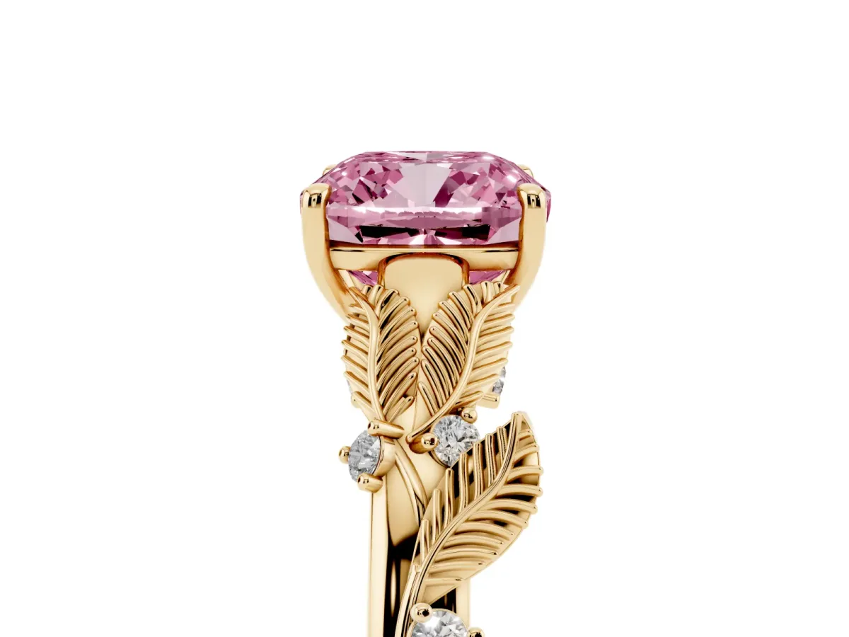 Fancy Pink Cushion Cut Diamond Solitaire Ring with Leaf Motif Band and Four-Prong Setting Yellow gold