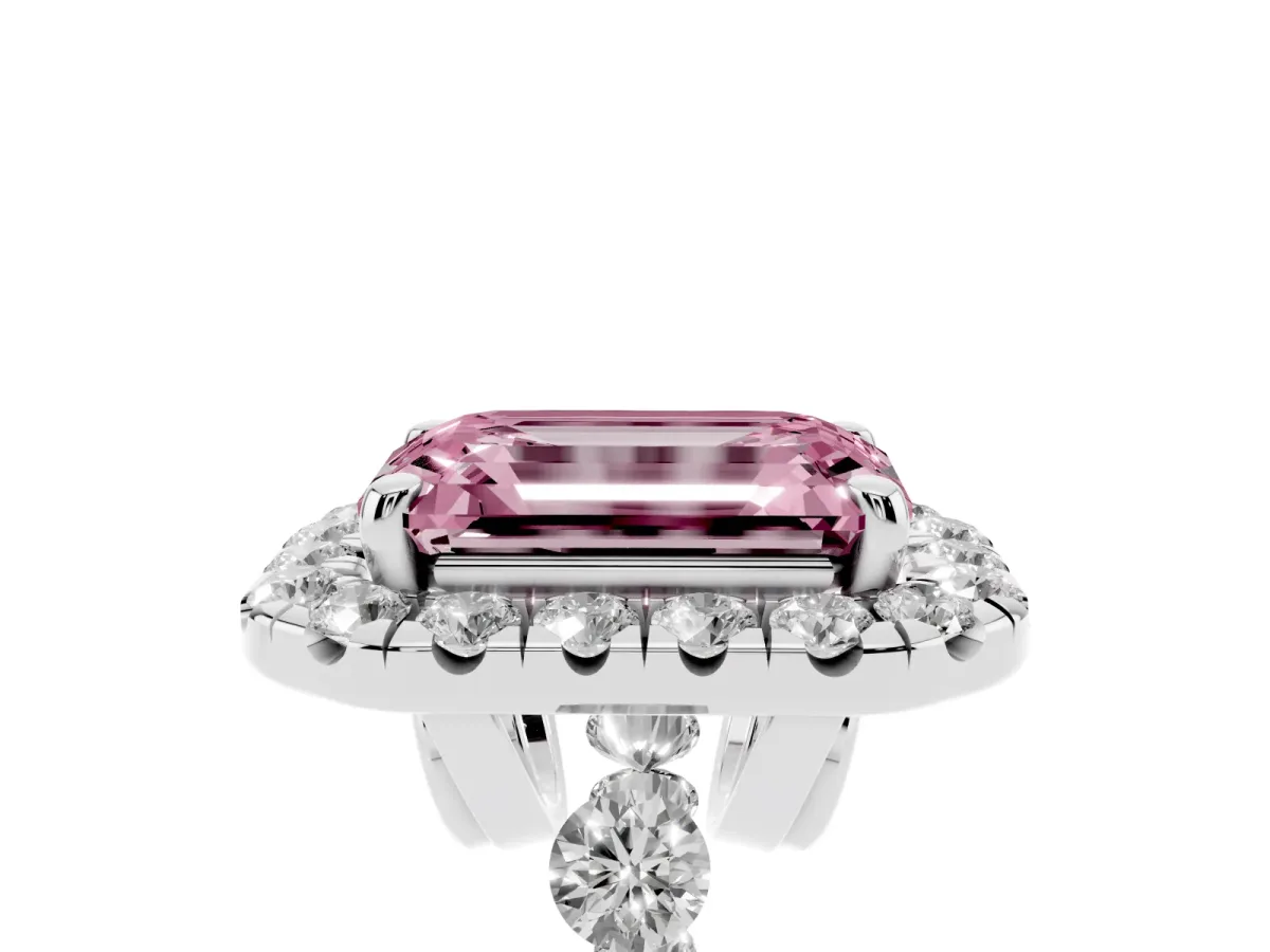 Fancy Pink Emerald Cut Halo Pavé Diamond Engagement Ring with Four-Prong Setting Silver