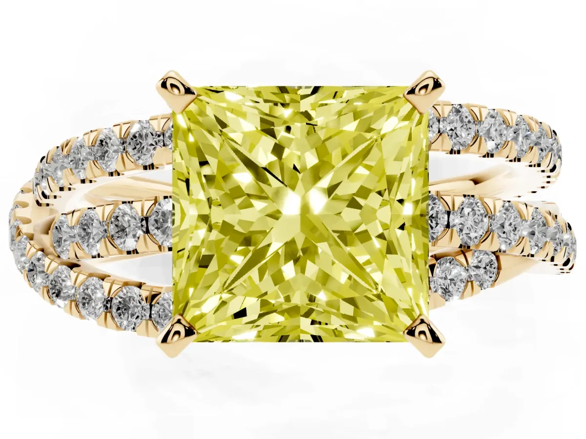 Fancy Yellow Princess Cut Solitaire Twist Band with Pavé Setting and Four-Prong Setting Yellow gold
