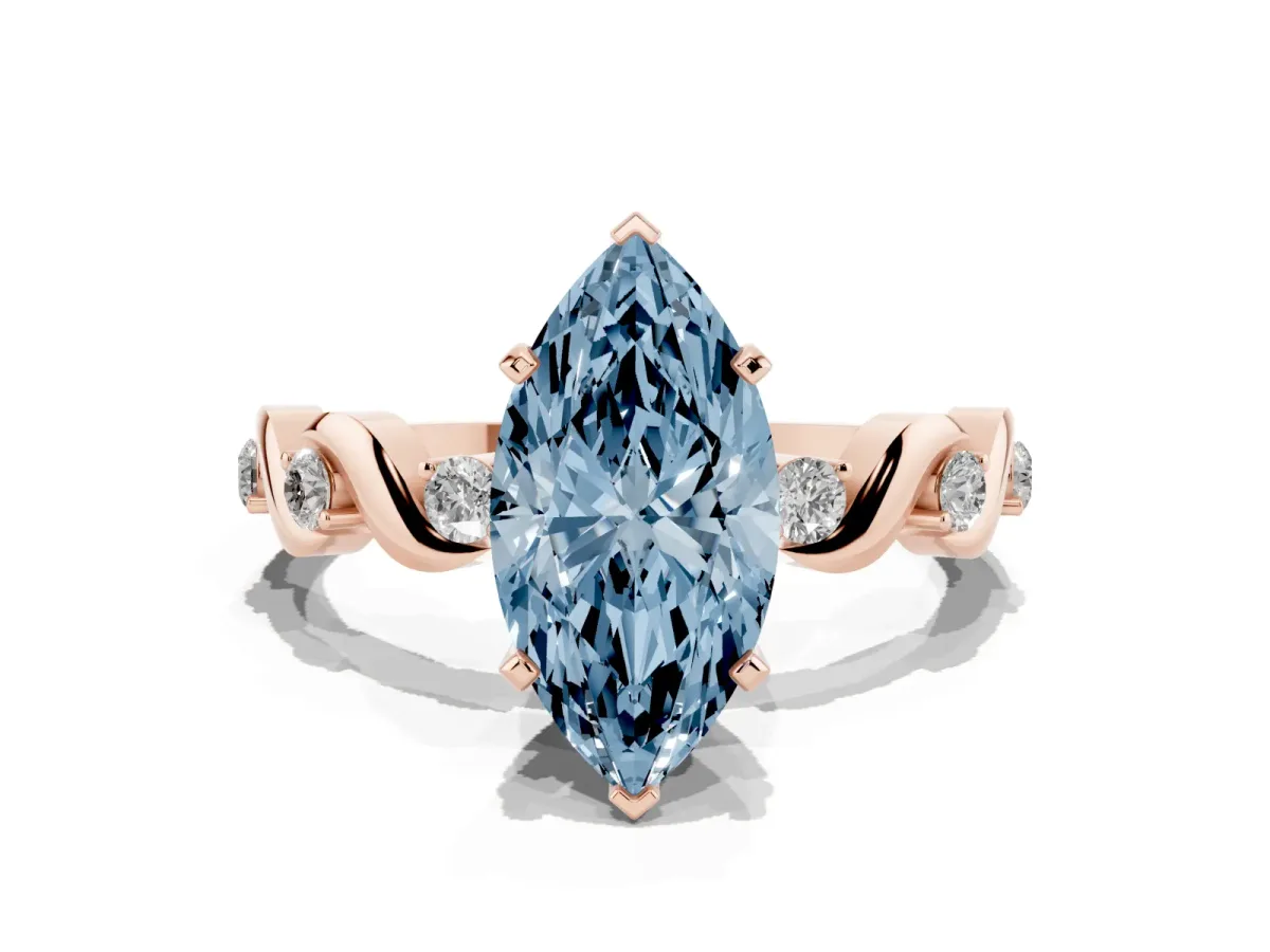 Fancy Blue Marquise Cut Diamond Solitaire Twisted Band with Round Accents and Prong Setting Rose gold