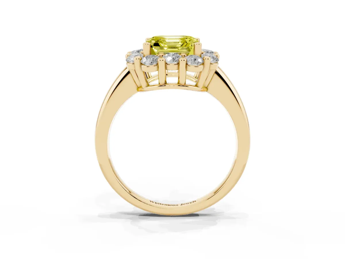 Fancy Yellow Asscher Cut Halo Cluster Diamond Engagement Ring with Prong Setting and Polished Band Yellow gold