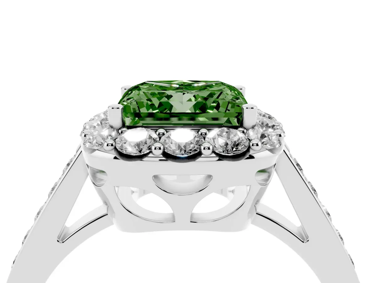 Fancy Green Princess Cut Diamond Floral Halo Ring with Pavé Band and Prong Setting White gold