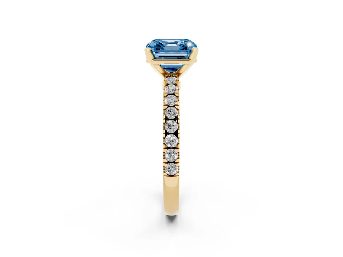 Fancy Blue Asscher Cut Solitaire Diamond with Pavé Band and Four-Prong Setting Yellow gold