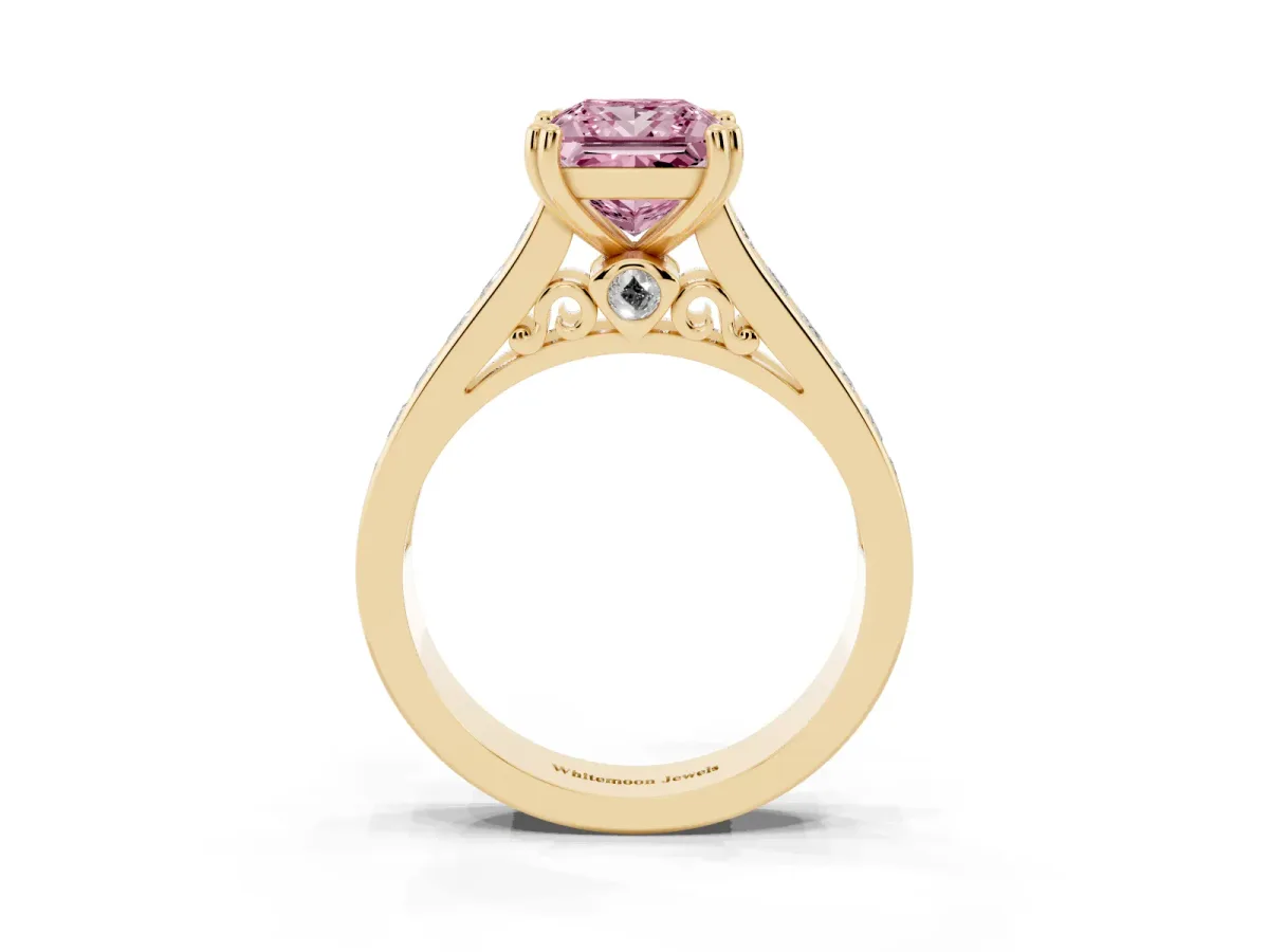 Fancy Pink Princess Cut Cut Channel Set Solitaire Engagement Ring with Prong Setting Yellow gold
