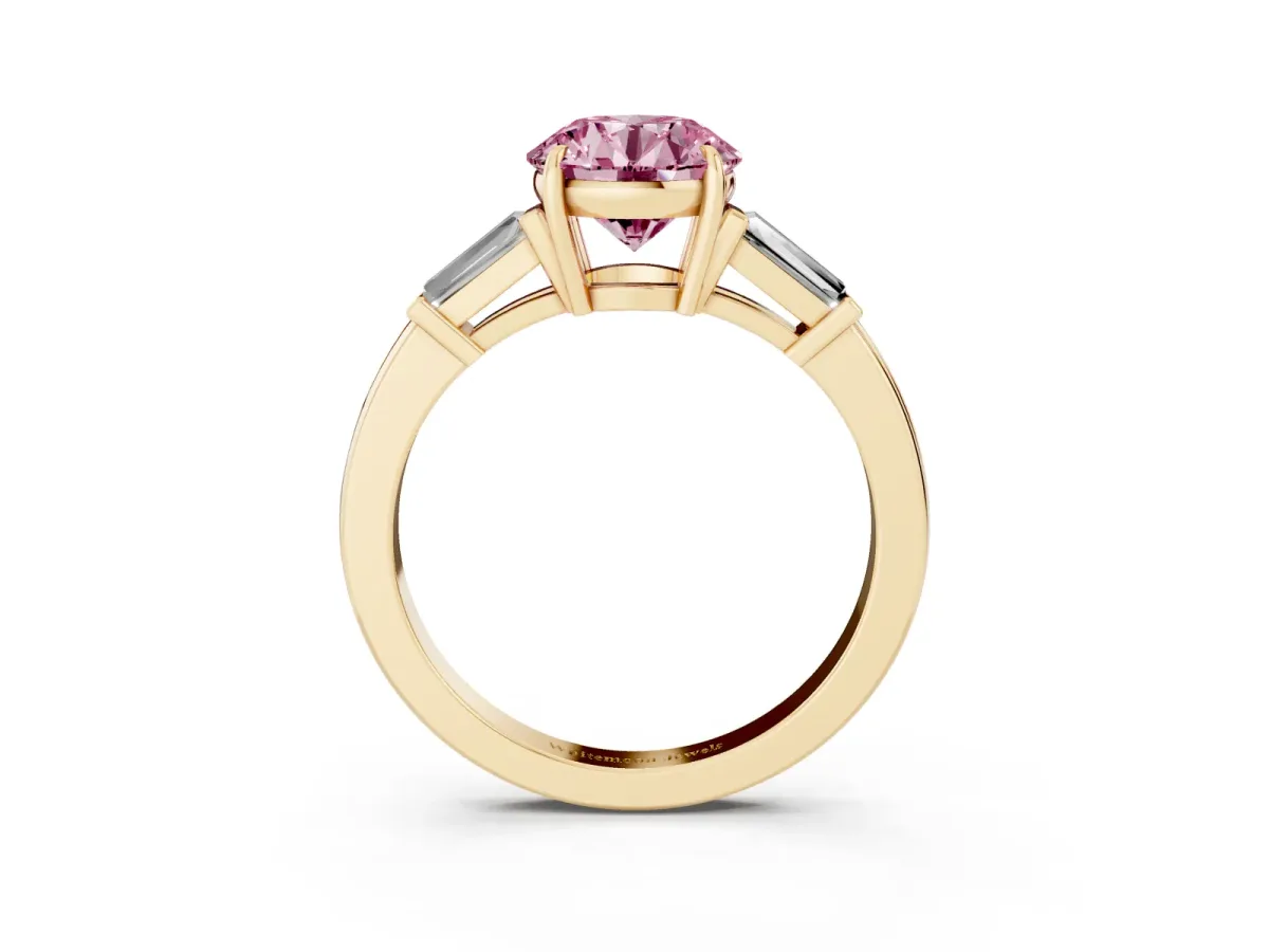 Fancy Pink Round Cut Diamond Three-Stone Ring with Tapered Baguette Side Stones and Prong Setting Yellow gold