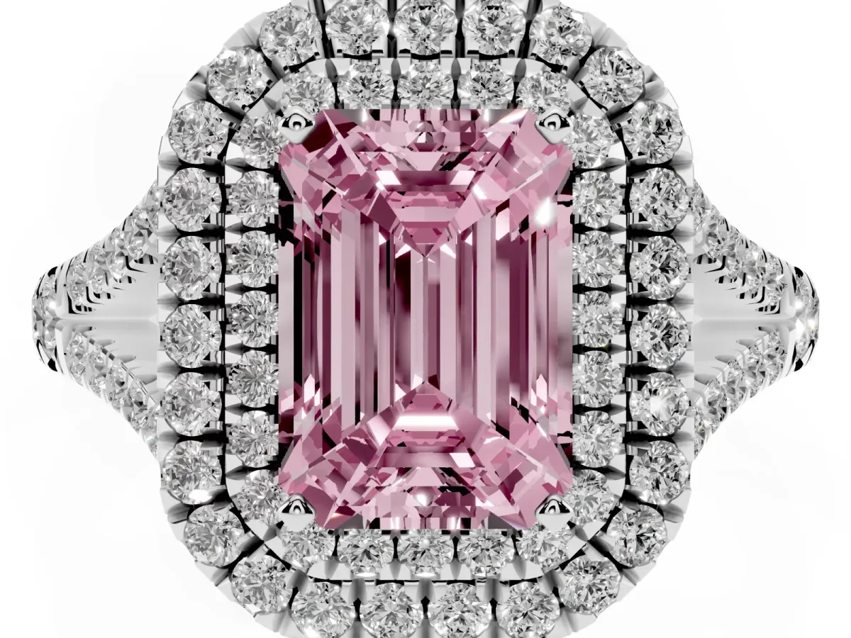 Fancy Pink Emerald Cut Diamond Pavé Split Shank Double Halo Engagement Ring Platinum