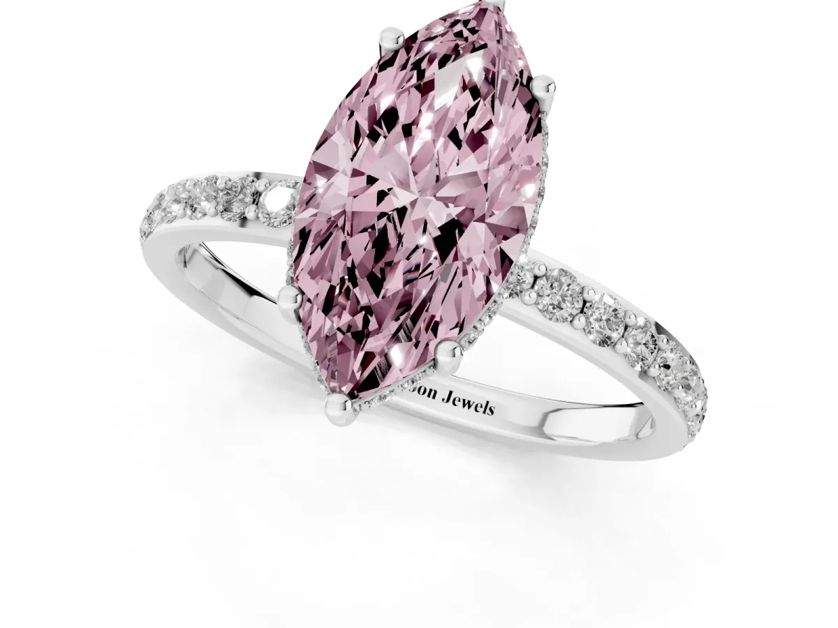 Fancy Pink Marquise Cut Diamond Solitaire Ring with Pavé Band and Hidden Halo Platinum