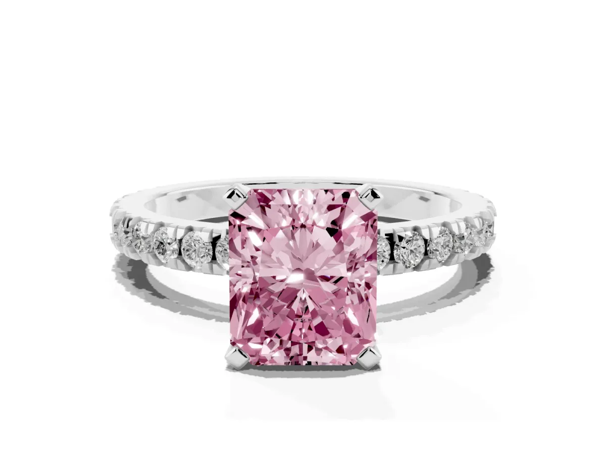 Fancy Pink Radiant Cut Diamond Pavé Band Solitaire with Four-Prong Setting Silver