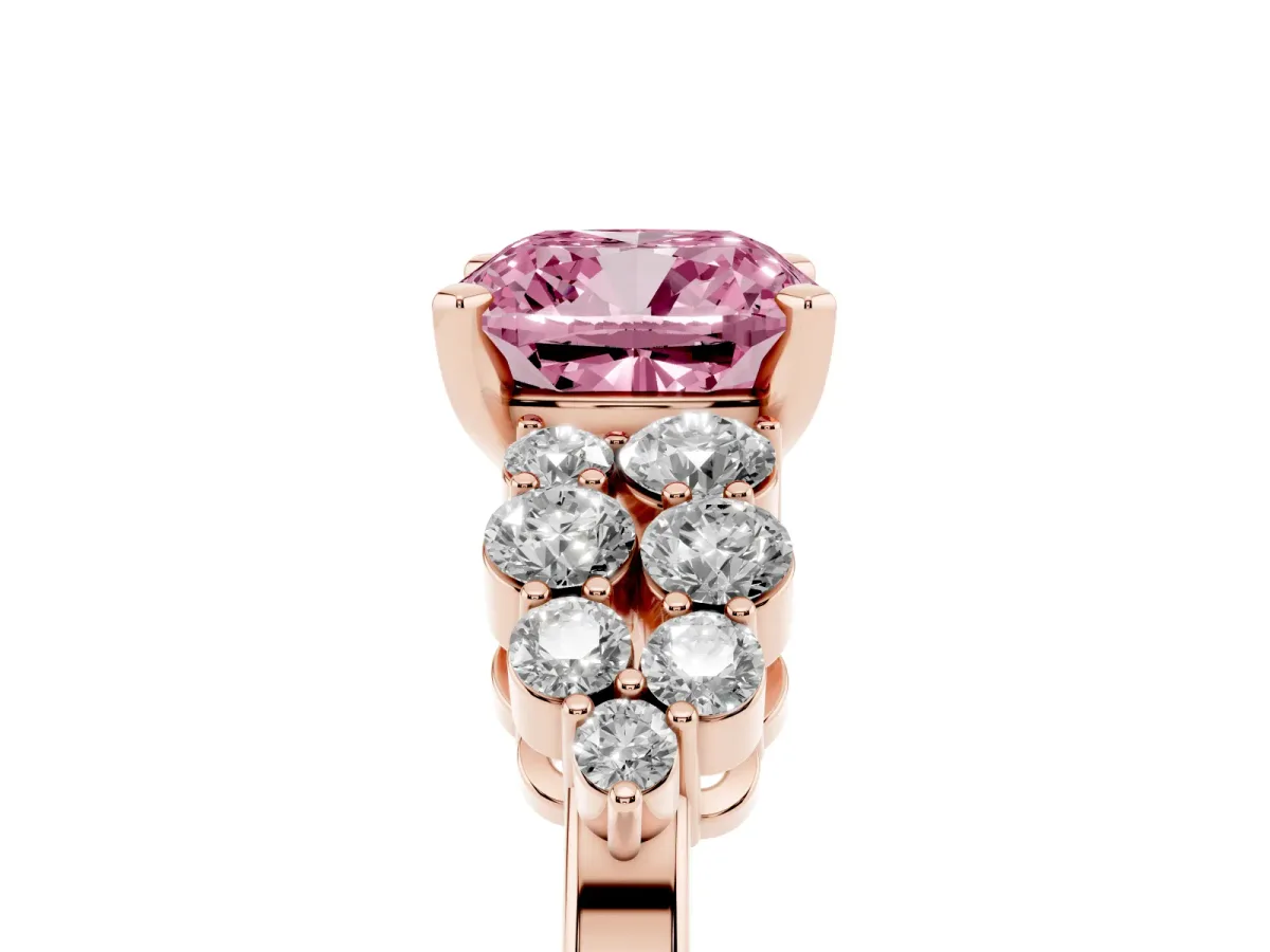 Fancy Pink Cushion Cut Cluster Diamond Engagement Ring with Pavé Band and Four-Prong Setting Rose gold
