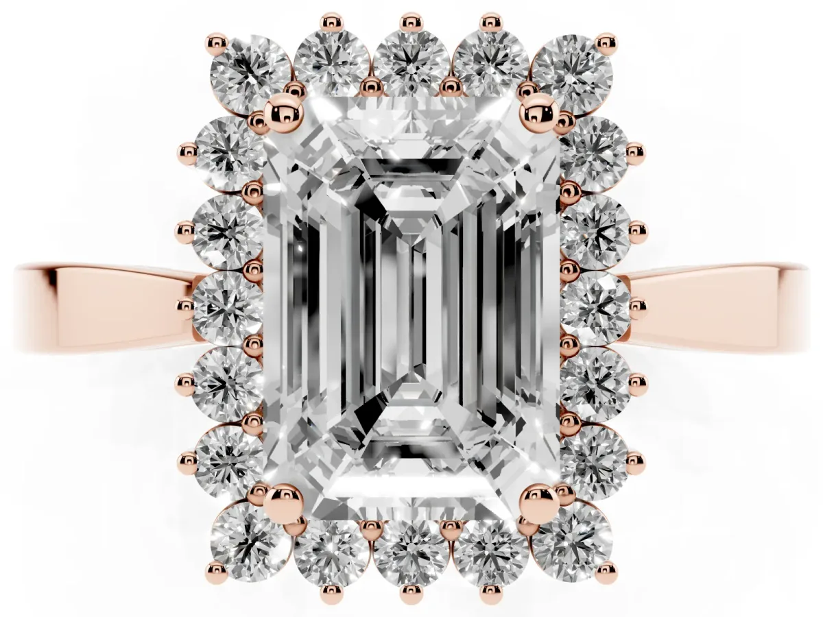 Emerald Cut Cut Diamond Halo Ring with Round Brilliant Halo and Solitaire Band Rose gold