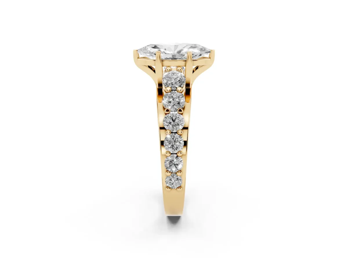 Marquise Cut Diamond Engagement Ring with Pavé Band and Four-Prong Setting Yellow gold