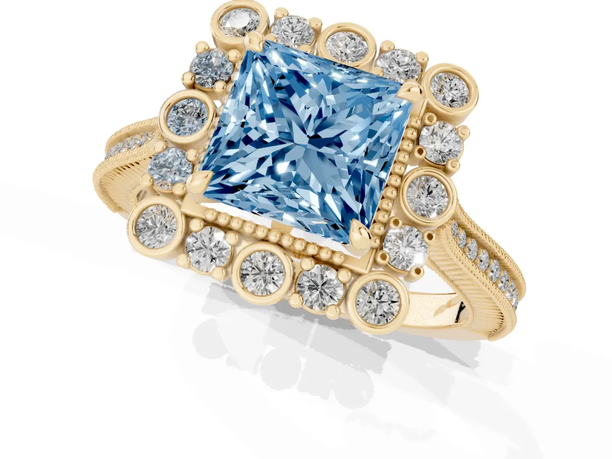 Fancy Blue Princess Cut Halo Milgrain Pave Diamond Ring with Four-Prong Setting Yellow gold