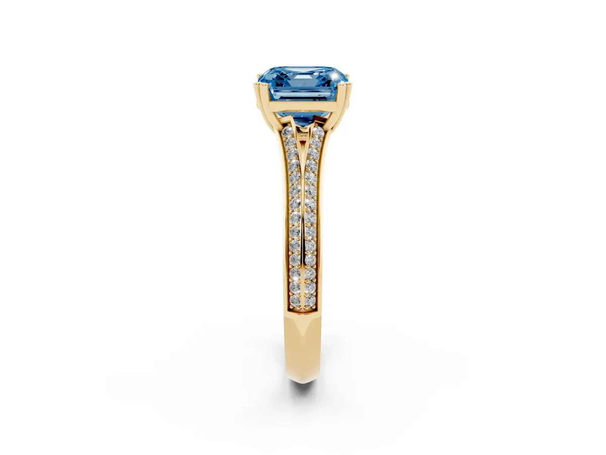 Fancy Blue Asscher Cut Diamond Split Shank Engagement Ring with Pavé Band Yellow gold