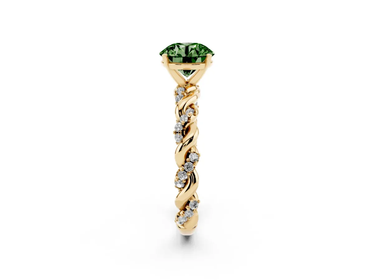 Fancy Green Round Cut Diamond Solitaire Ring with Twisted Band and Pavé Accents Yellow gold
