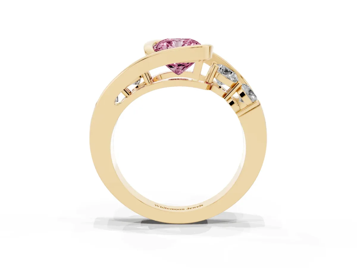 Fancy Pink Bezel Set Cushion Cut Diamond Bypass Ring with Round Accents Yellow gold