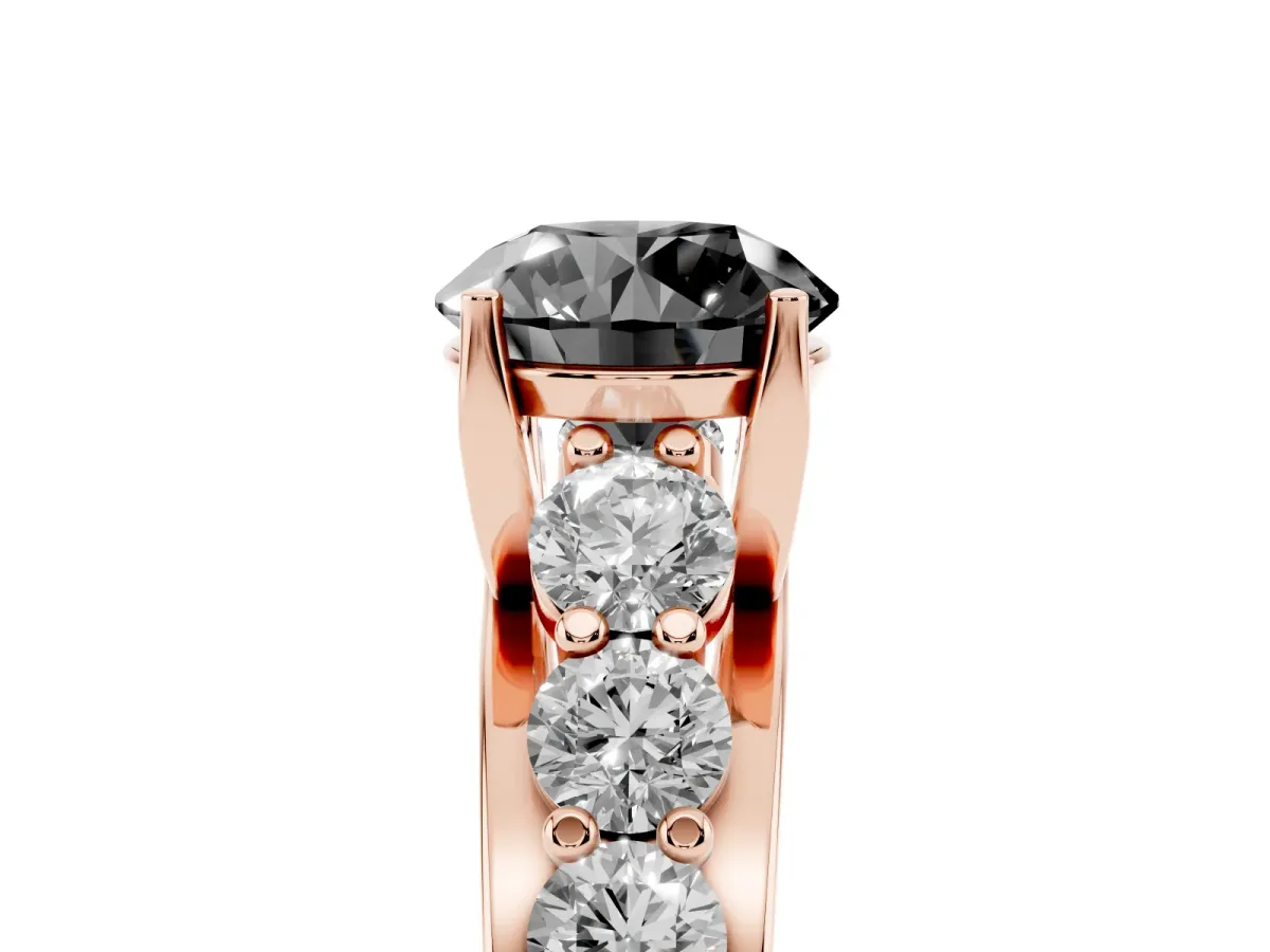 Fancy Black Round Cut Diamond Engagement Ring with Pavé Band and Four-Prong Setting Rose gold