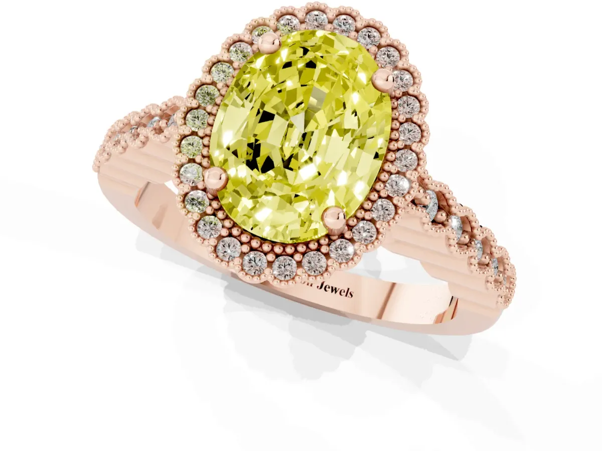Fancy Yellow Oval Cut Cut Halo Pavé Solitaire Ring with Milgrain Band Rose gold