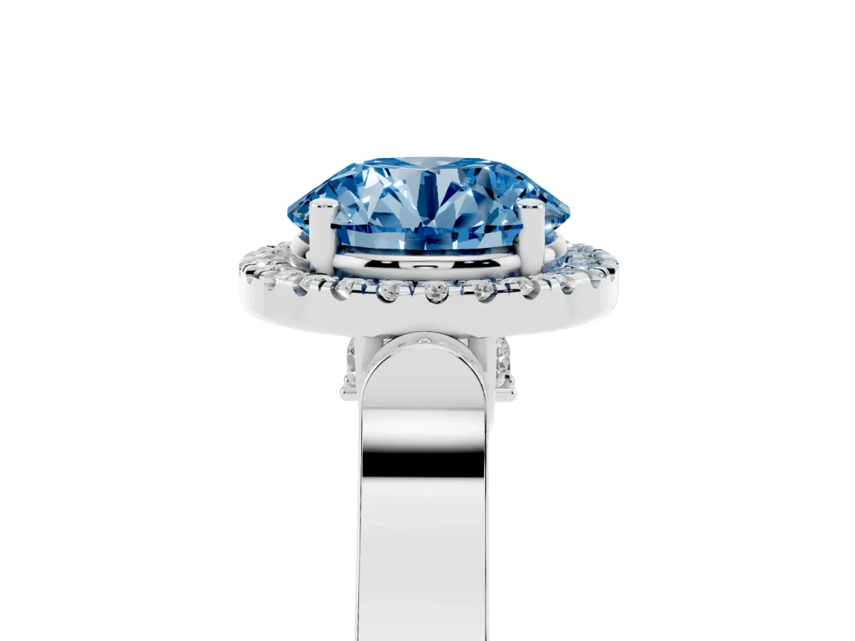 Fancy Blue Round Cut Halo Pave Split Shank Prong Setting Ring Silver