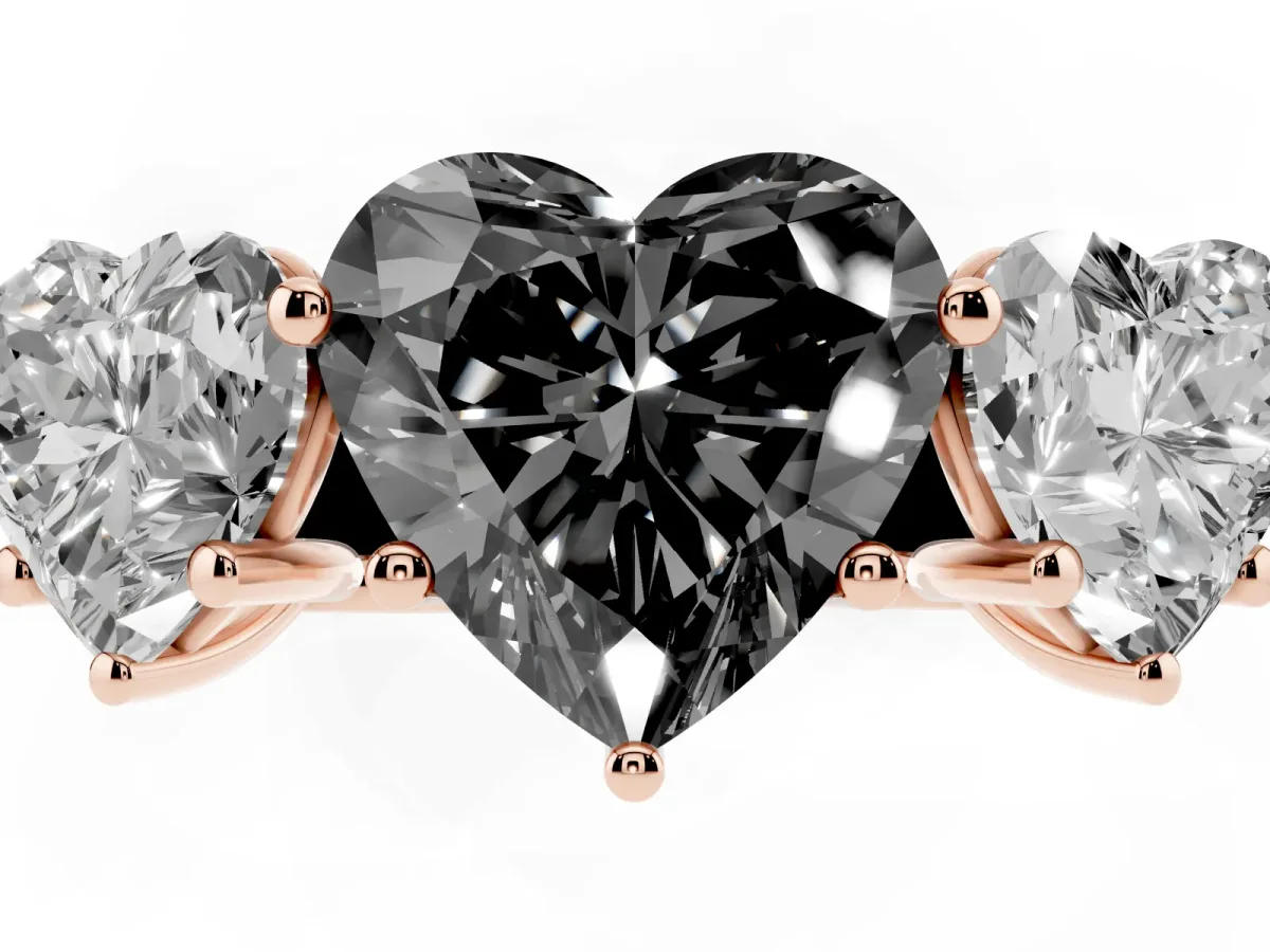 Fancy Black Heart Cut Three-Stone Diamond Ring with Prong Setting on a Classic Band Rose gold
