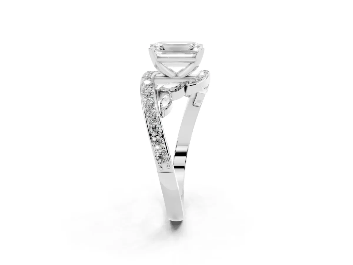 Emerald Cut Solitaire with Pavé Twist Band and Four-Prong Setting Silver