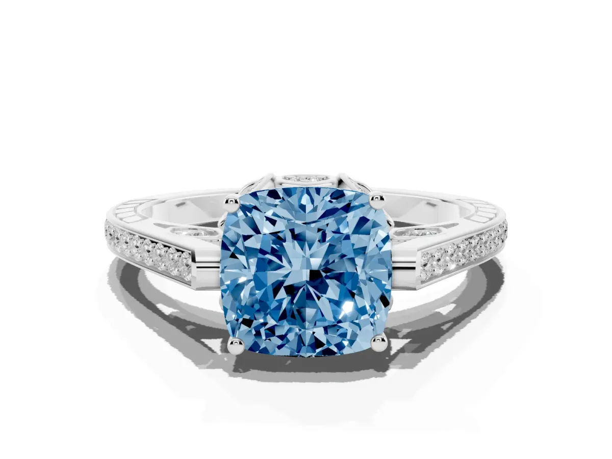 Fancy Blue Cushion Cut Cut Cathedral Pave Diamond Engagement Ring with Six-Prong Setting Silver