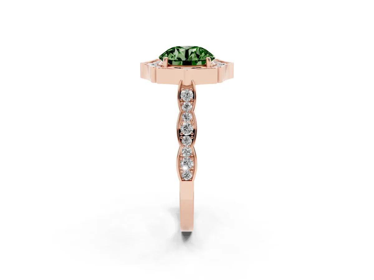 Fancy Green Round Cut Halo Diamond Engagement Ring with Milgrain Band and Four-Prong Setting Rose gold