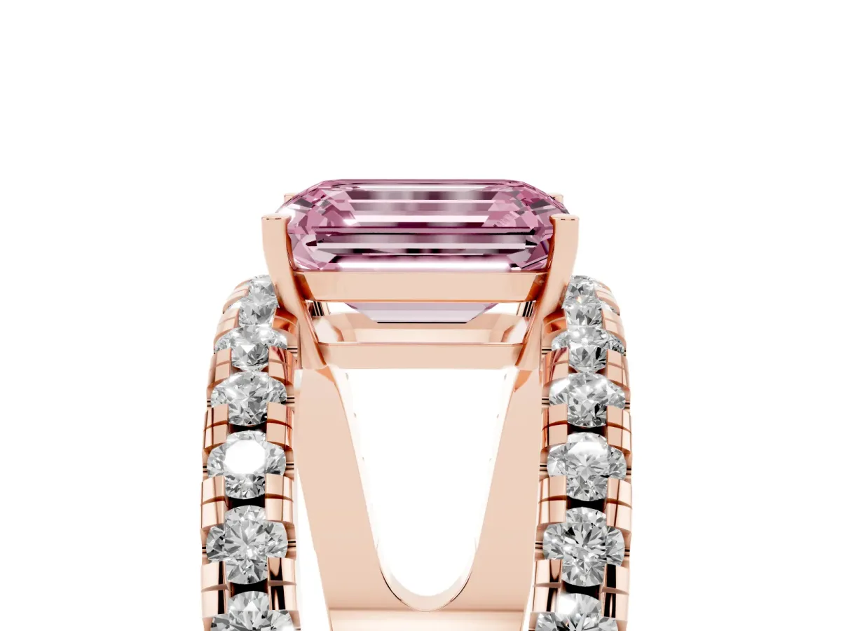 Fancy Pink Emerald Cut Solitaire Split Shank Pave Diamond Ring Rose gold