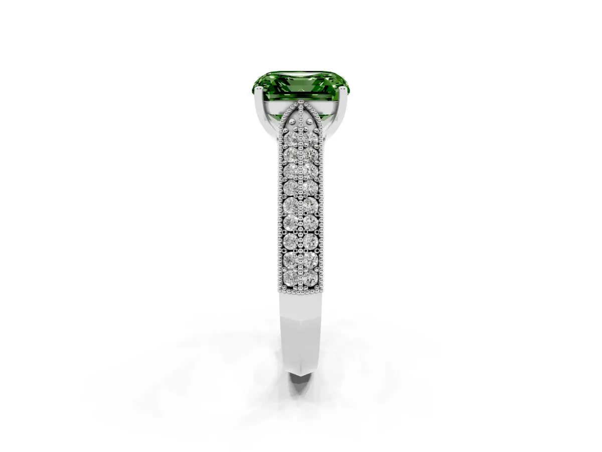 Fancy Green Asscher Cut Cut Pave Split Shank Engagement Ring with Four-Prong Setting Silver