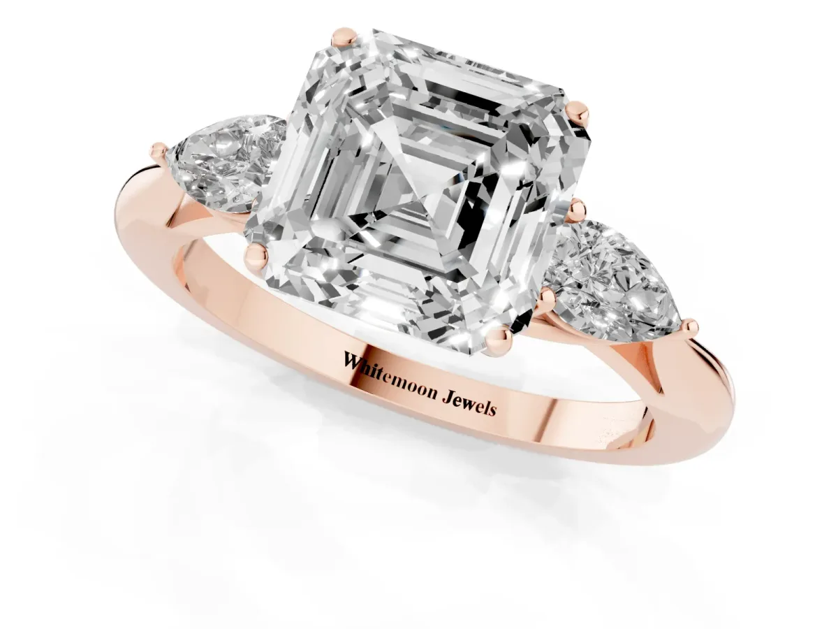 Asscher Cut Diamond Three-Stone Ring with Pear Side Stones and Prong Setting Rose gold