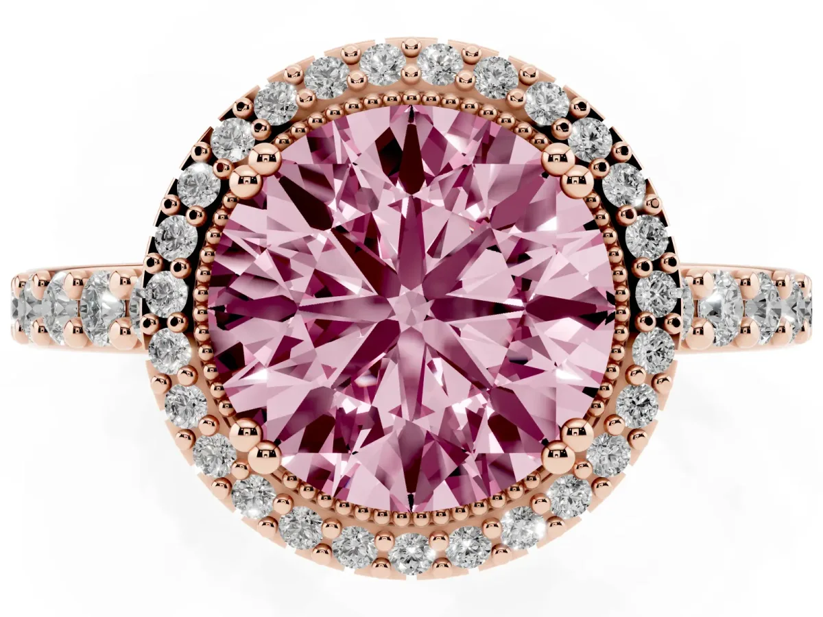 Fancy Pink Round Cut Cut Diamond Halo Engagement Ring with Milgrain Detail and Pavé Band Rose gold