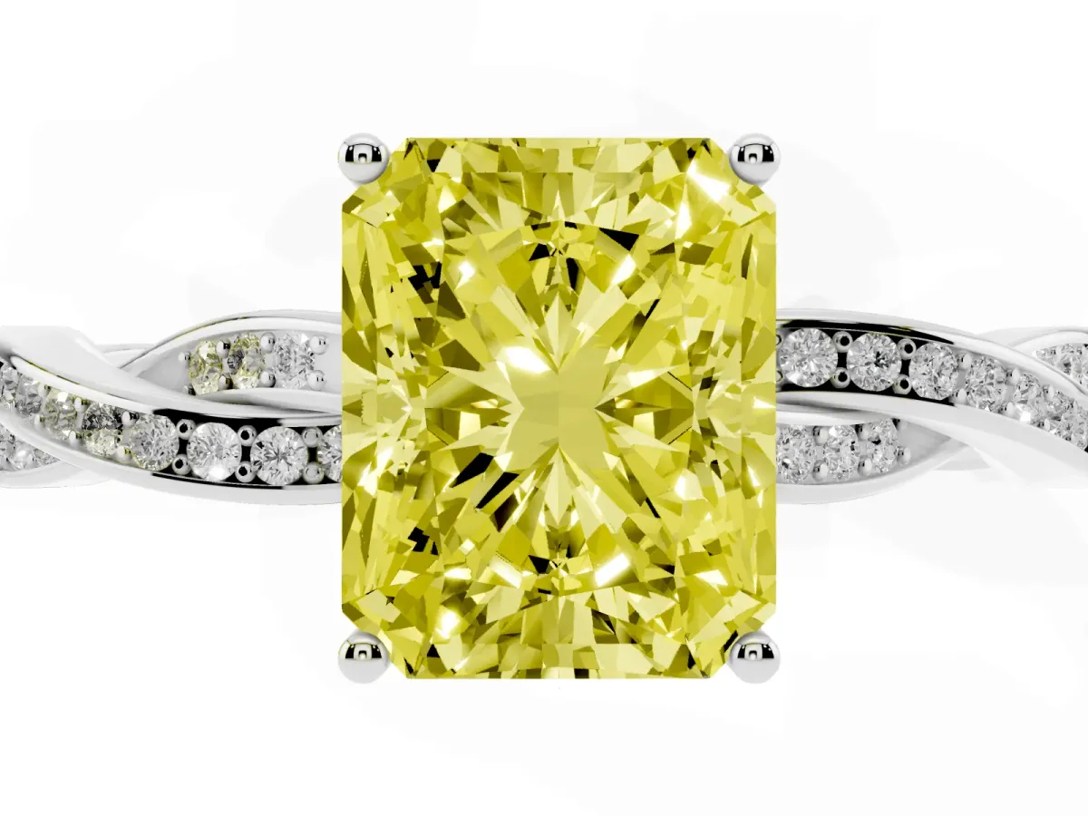 Fancy Yellow Radiant Cut Solitaire Twisted Pave Diamond Ring with Four-Prong Setting Silver