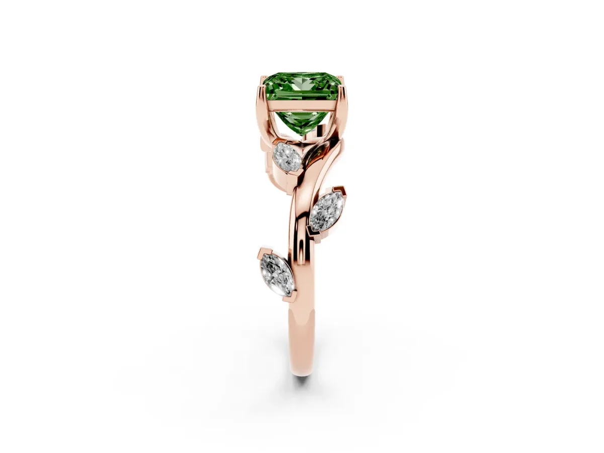 Fancy Green Princess Cut Solitaire Twisted Band Marquise Accent Prong Setting Ring Rose gold