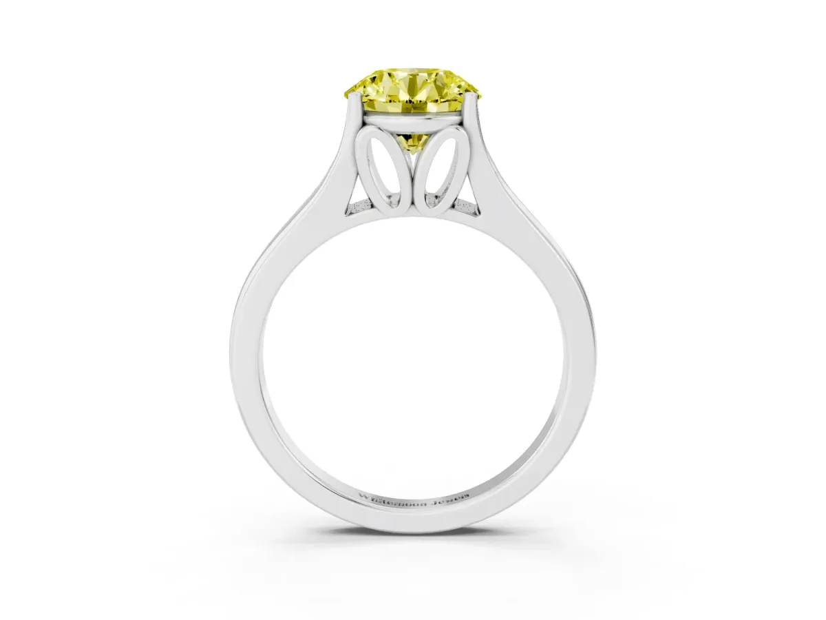 Fancy Yellow Round Cut Solitaire Diamond Ring with Cathedral Band and Four-Prong Setting Platinum