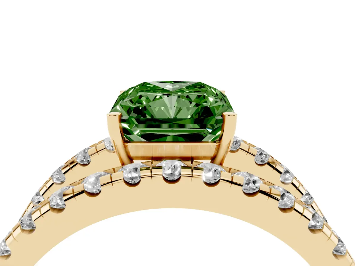 Fancy Green Radiant Cut Solitaire Split Shank Pave Diamond Ring Yellow gold