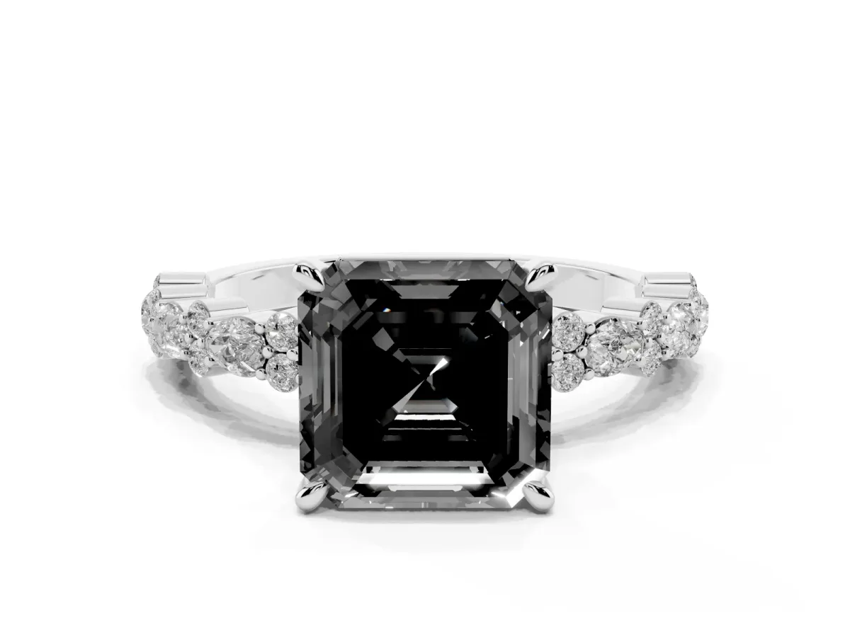 Fancy Black Asscher Cut Diamond Side Stone Solitaire Ring with Round and Four-Prong Setting Platinum