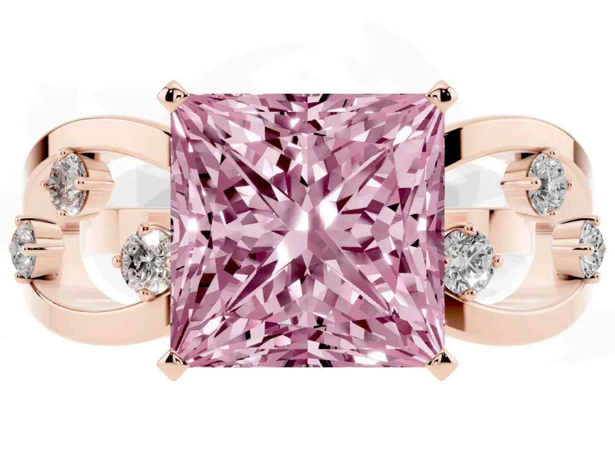 Fancy Pink Princess Cut Cut Solitaire Diamond with Side Stones on Criss-Cross Band and Four-Prong Setting Rose gold