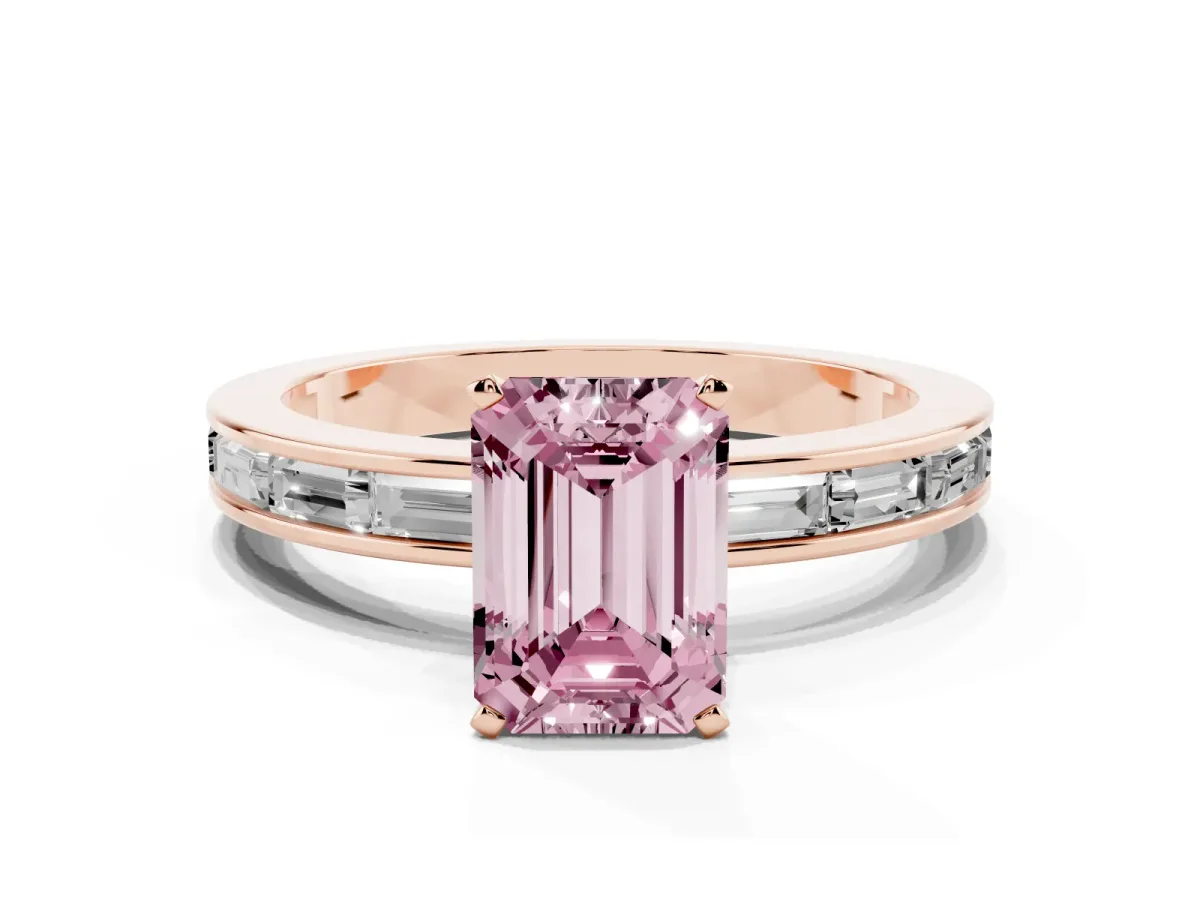 Fancy Pink Emerald Cut Solitaire Diamond Ring with Channel-Set Baguette Band and Four-Prong Setting Rose gold