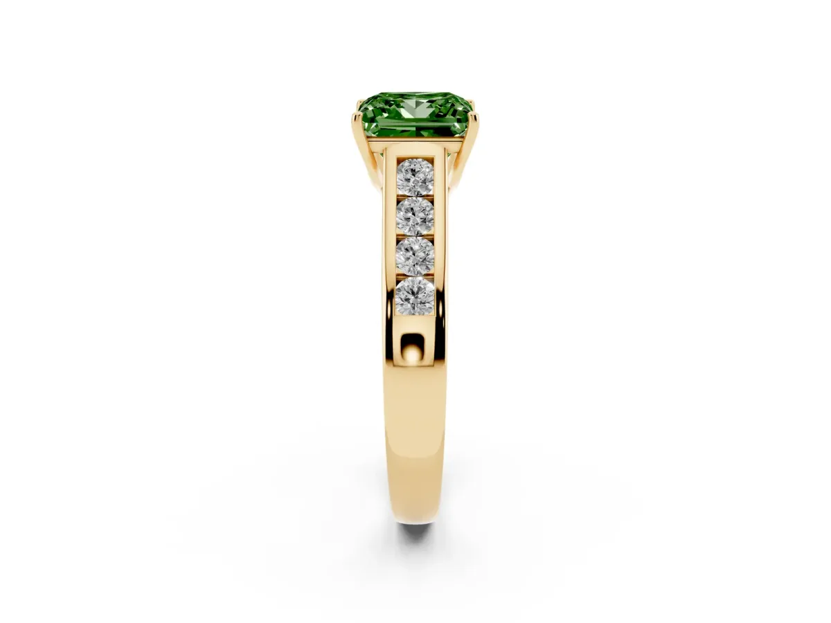 Fancy Green Princess Cut Brilliant Channel-Set Solitaire Ring with Four-Prong Setting Yellow gold
