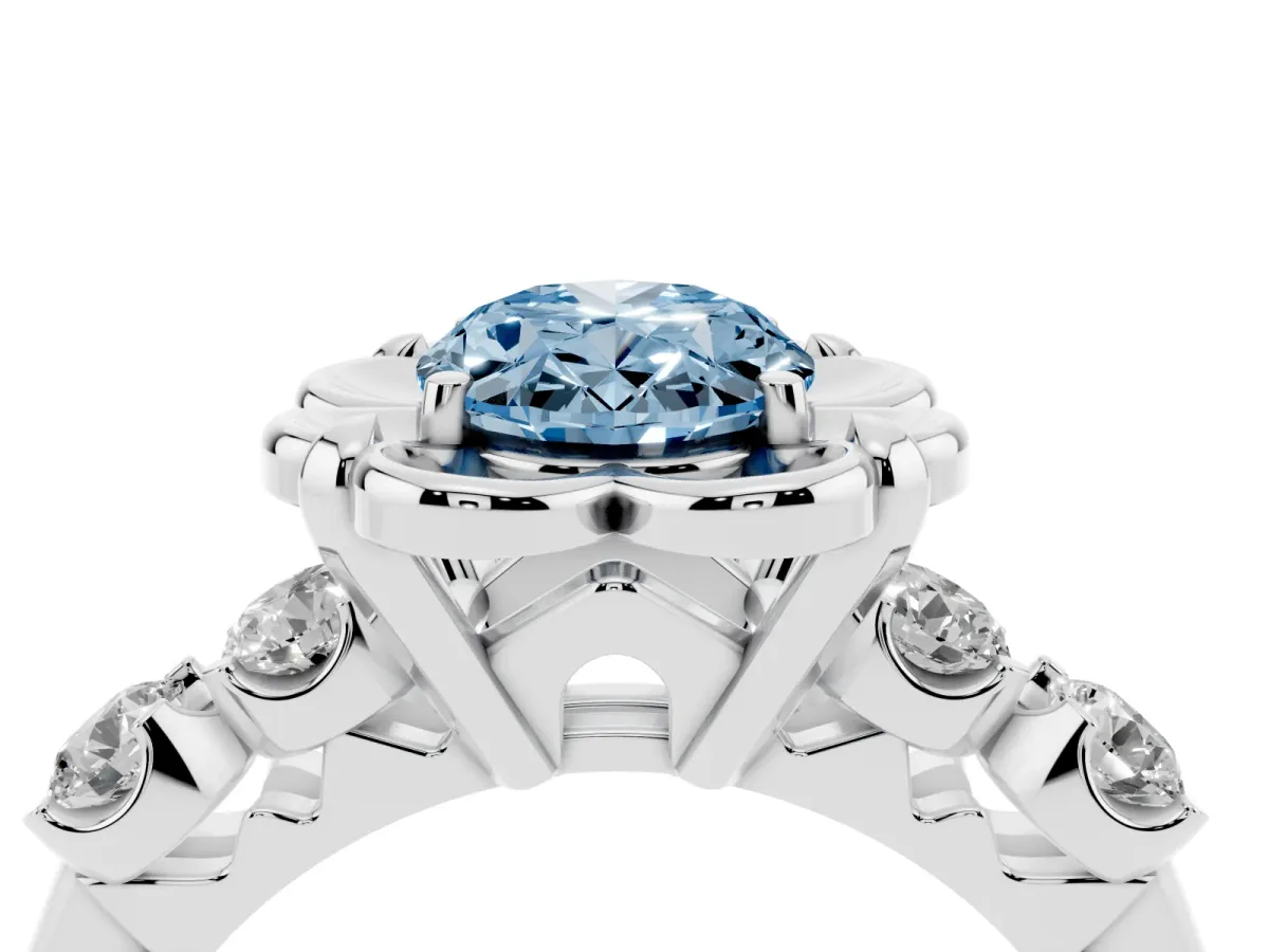 Fancy Blue Oval Cut Cut Diamond Floral Halo Engagement Ring with Shared Prong Setting Platinum