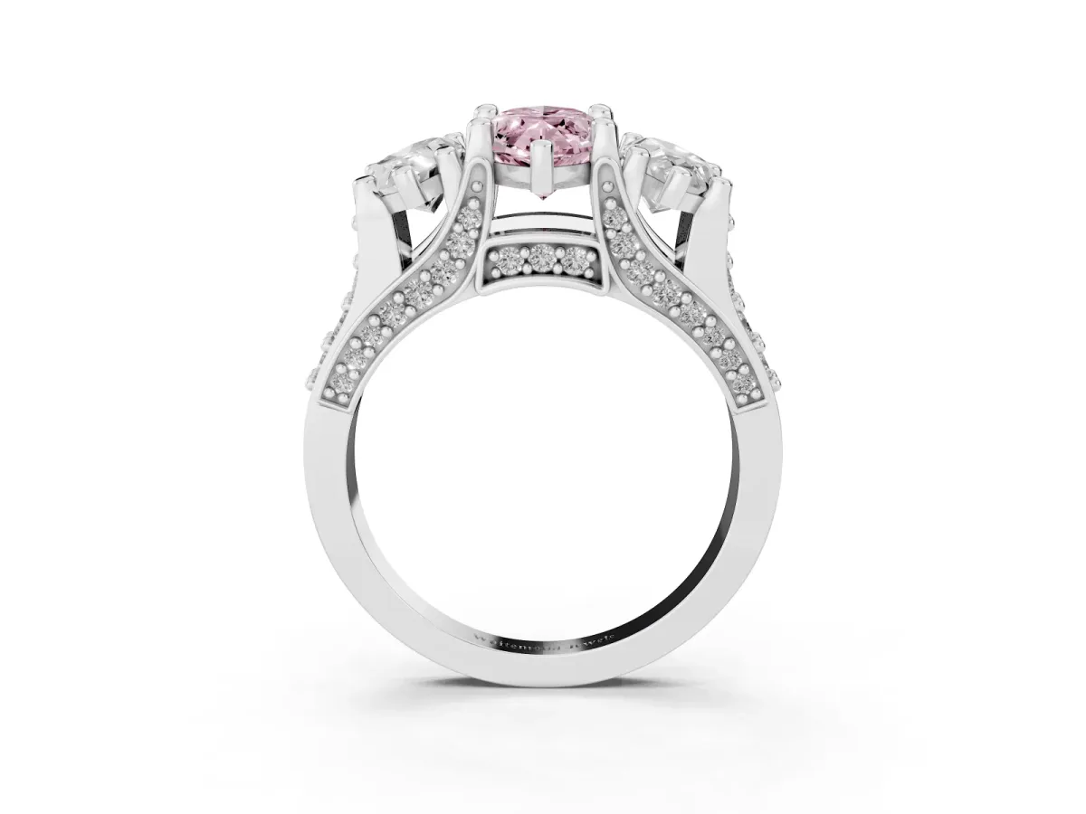 Fancy Pink Marquise Cut Diamond Three-Stone Ring with Channel Set Band and Four-Prong Setting Platinum