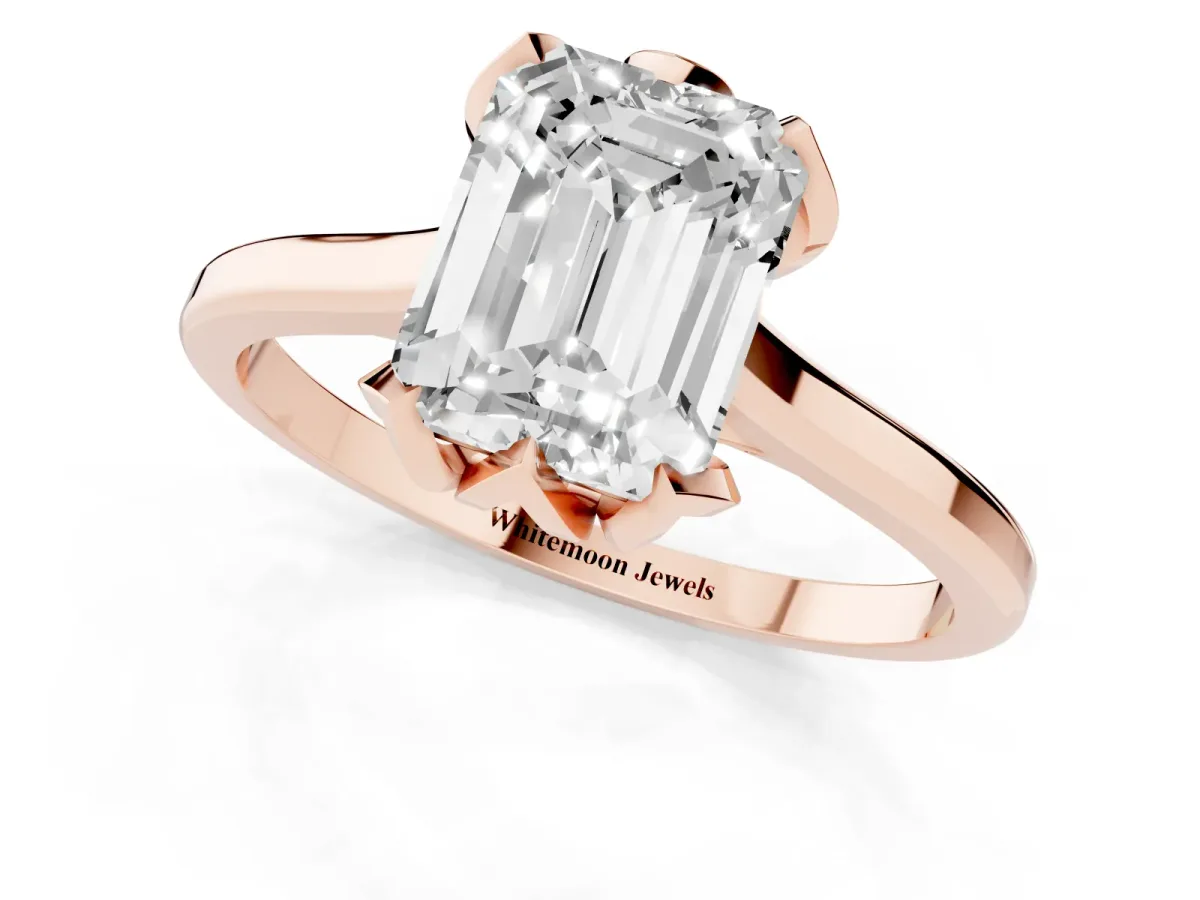 Emerald Cut Diamond Solitaire Ring with Flower Prong Setting and Classic Band Rose gold